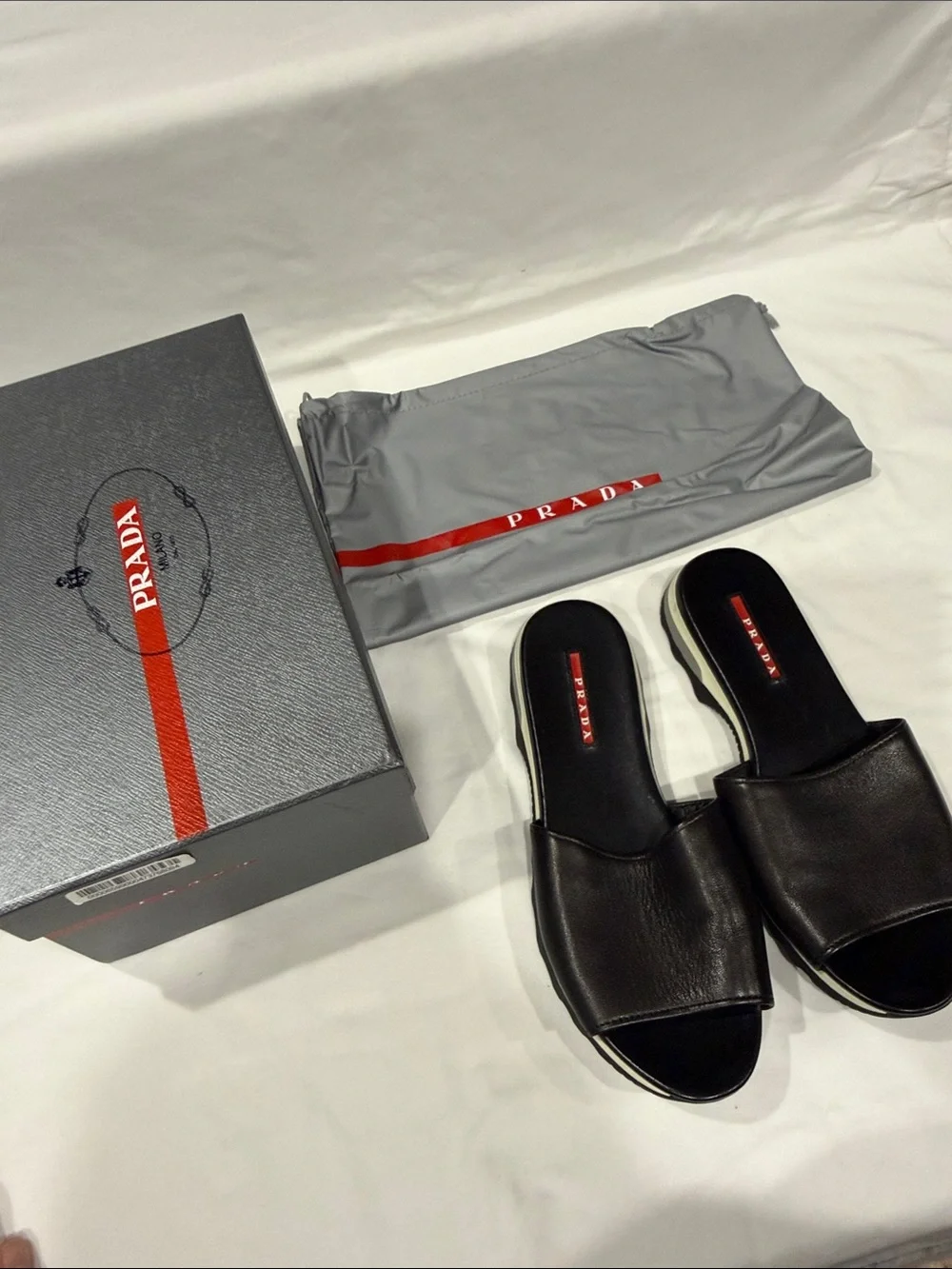 Prada Black Leather Men's Slide Sandals with White Trim